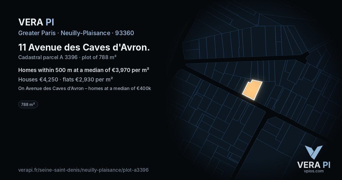 11 Avenue des Caves d'Avron, Neuilly-Plaisance at night – the plot lit, the parcels around coloured by the prices near them