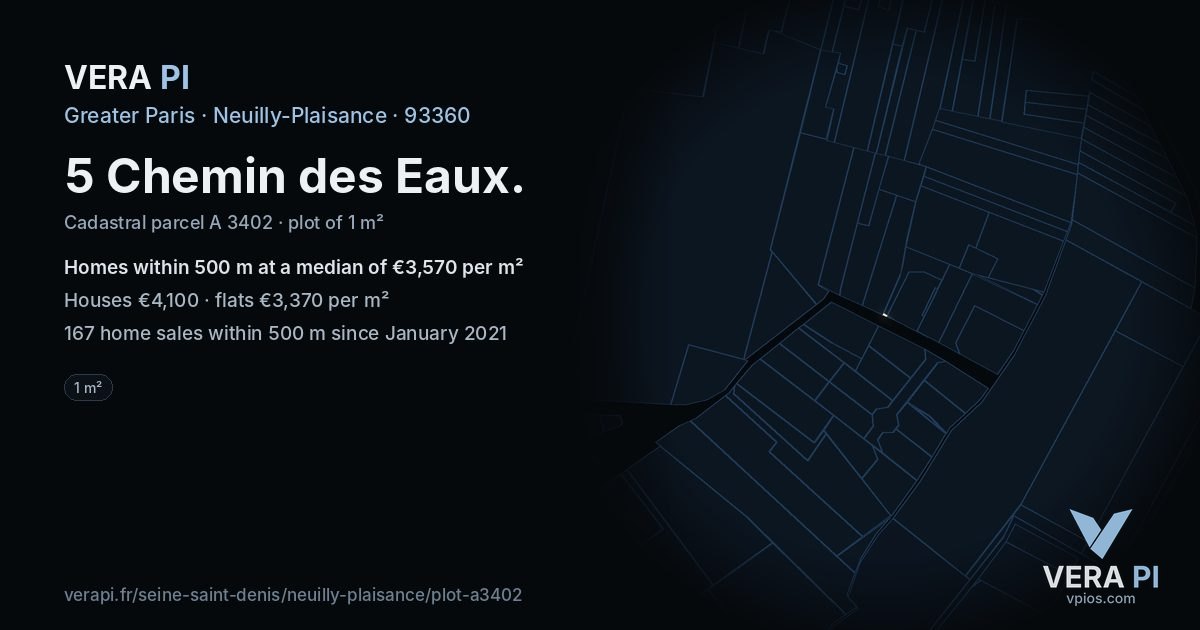 5 Chemin des Eaux, Neuilly-Plaisance at night – the plot lit, the parcels around coloured by the prices near them