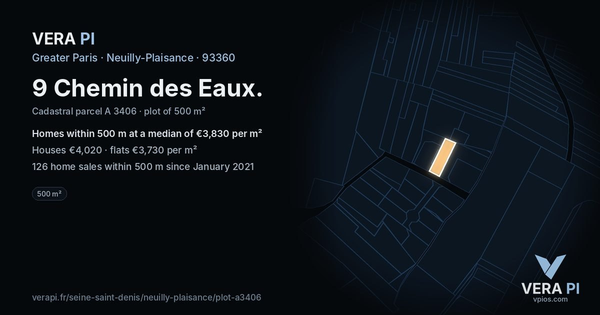 9 Chemin des Eaux, Neuilly-Plaisance at night – the plot lit, the parcels around coloured by the prices near them