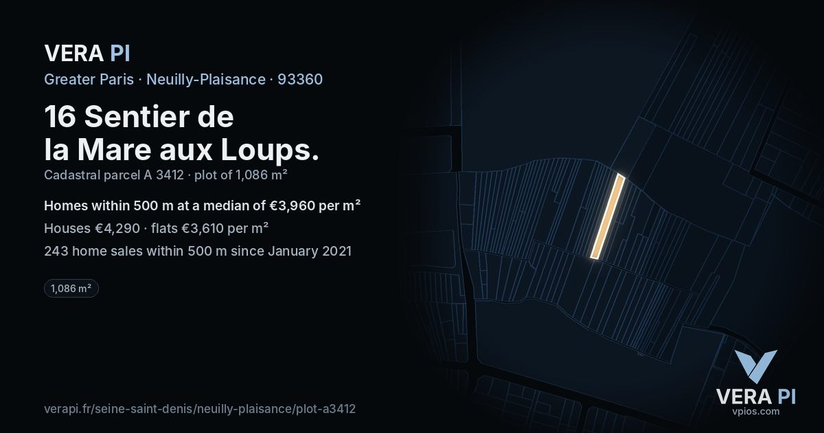 16 Sentier de la Mare aux Loups, Neuilly-Plaisance at night – the plot lit, the parcels around coloured by the prices near them