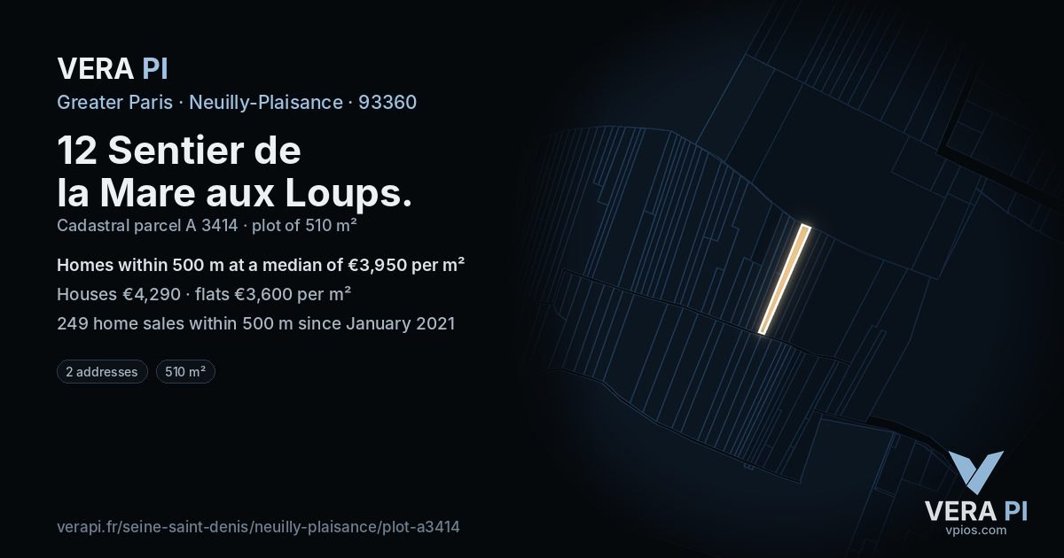 12 Sentier de la Mare aux Loups, Neuilly-Plaisance at night – the plot lit, the parcels around coloured by the prices near them