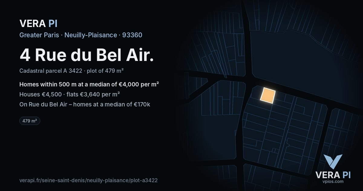 4 Rue du Bel Air, Neuilly-Plaisance at night – the plot lit, the parcels around coloured by the prices near them