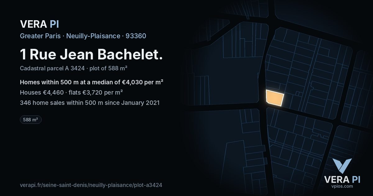 1 Rue Jean Bachelet, Neuilly-Plaisance at night – the plot lit, the parcels around coloured by the prices near them