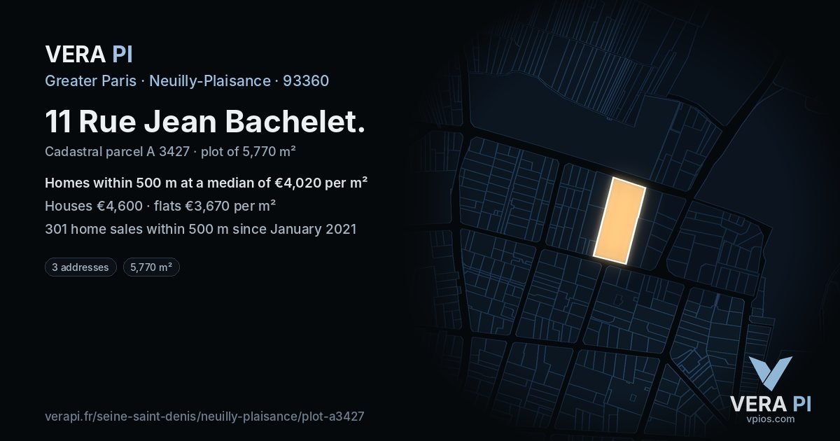 11 Rue Jean Bachelet, Neuilly-Plaisance at night – the plot lit, the parcels around coloured by the prices near them