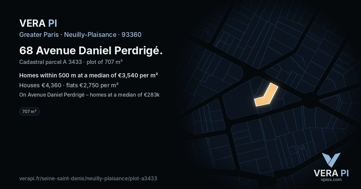68 Avenue Daniel Perdrigé, Neuilly-Plaisance at night – the plot lit, the parcels around coloured by the prices near them