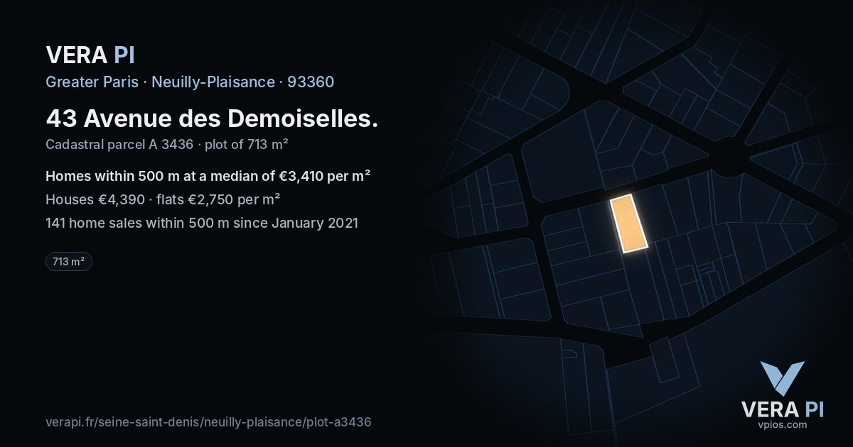 43 Avenue des Demoiselles, Neuilly-Plaisance at night – the plot lit, the parcels around coloured by the prices near them