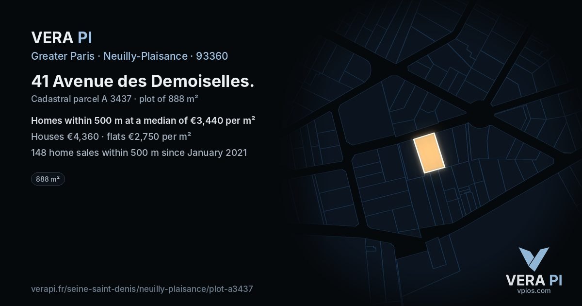 41 Avenue des Demoiselles, Neuilly-Plaisance at night – the plot lit, the parcels around coloured by the prices near them