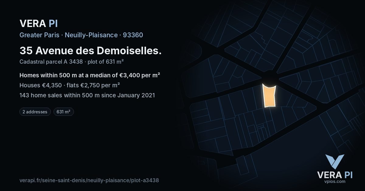 35 Avenue des Demoiselles, Neuilly-Plaisance at night – the plot lit, the parcels around coloured by the prices near them