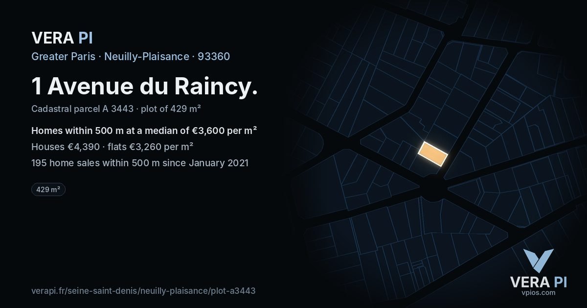 1 Avenue du Raincy, Neuilly-Plaisance at night – the plot lit, the parcels around coloured by the prices near them