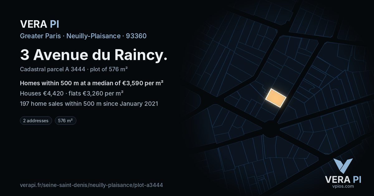 3 Avenue du Raincy, Neuilly-Plaisance at night – the plot lit, the parcels around coloured by the prices near them