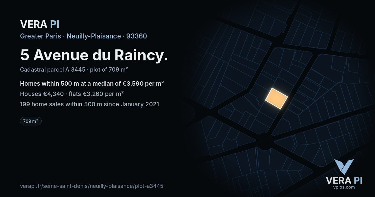 5 Avenue du Raincy, Neuilly-Plaisance at night – the plot lit, the parcels around coloured by the prices near them