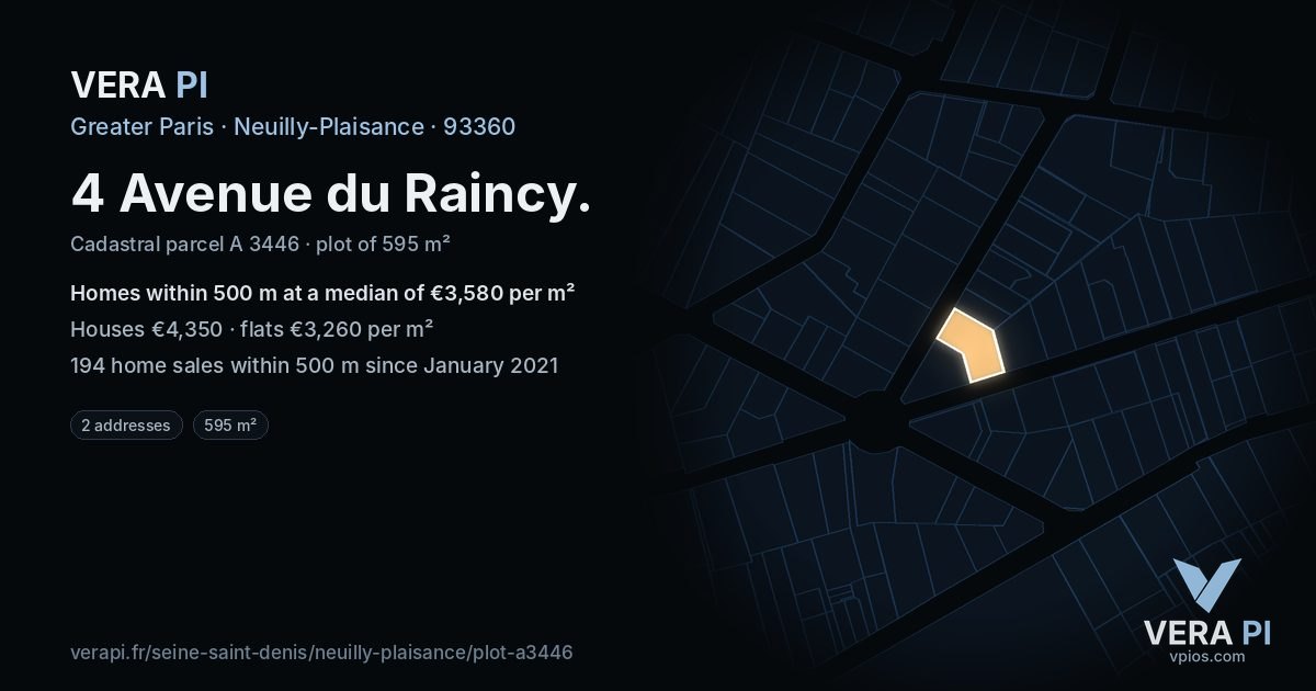 4 Avenue du Raincy, Neuilly-Plaisance at night – the plot lit, the parcels around coloured by the prices near them