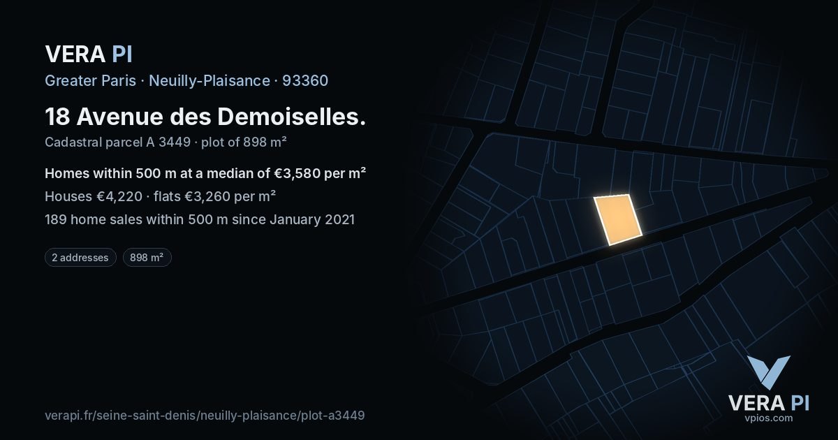 18 Avenue des Demoiselles, Neuilly-Plaisance at night – the plot lit, the parcels around coloured by the prices near them