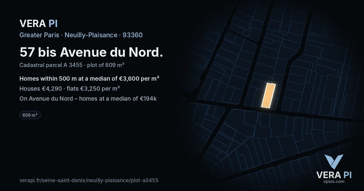 57 bis Avenue du Nord, Neuilly-Plaisance at night – the plot lit, the parcels around coloured by the prices near them