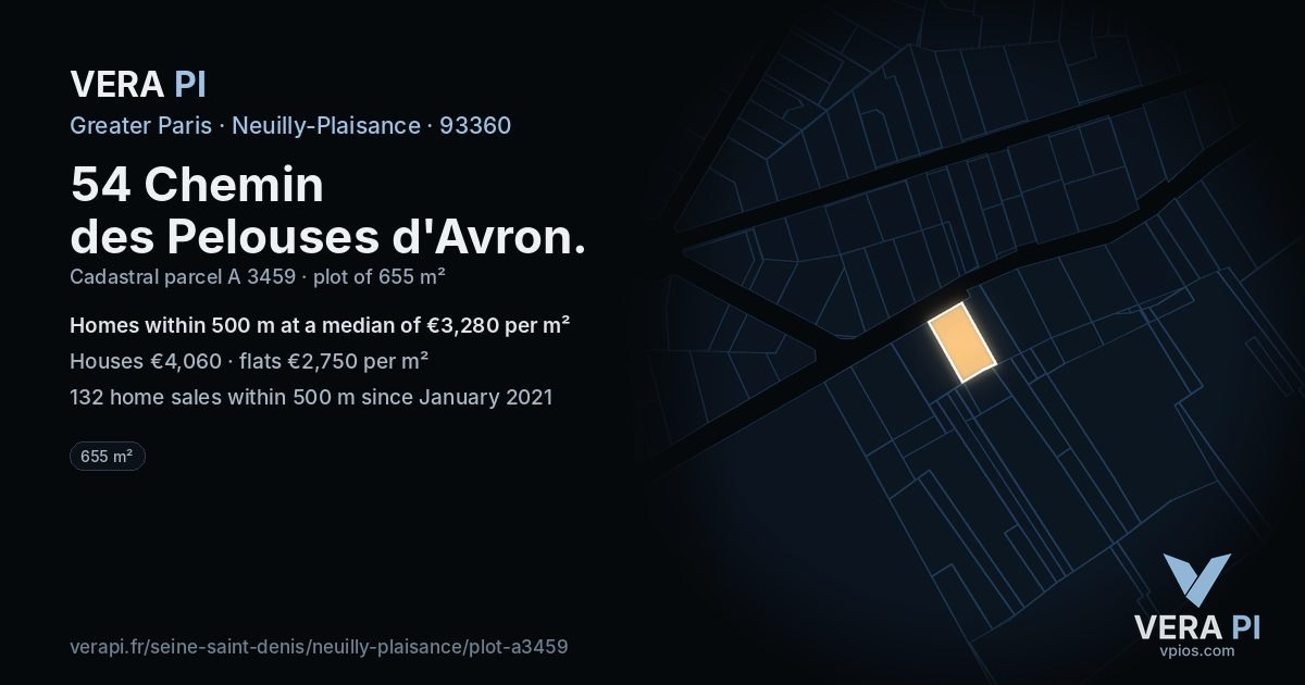 54 Chemin des Pelouses d'Avron, Neuilly-Plaisance at night – the plot lit, the parcels around coloured by the prices near them