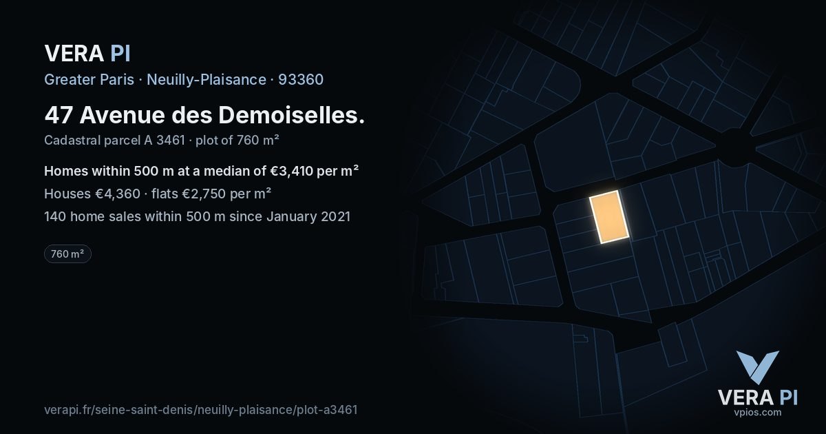 47 Avenue des Demoiselles, Neuilly-Plaisance at night – the plot lit, the parcels around coloured by the prices near them