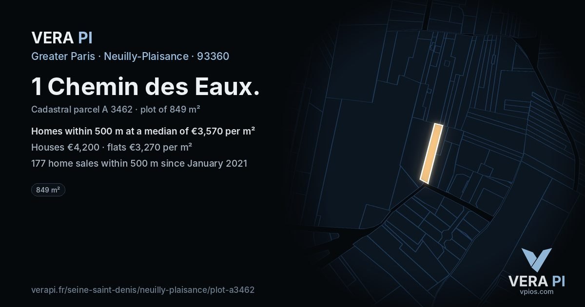 1 Chemin des Eaux, Neuilly-Plaisance at night – the plot lit, the parcels around coloured by the prices near them