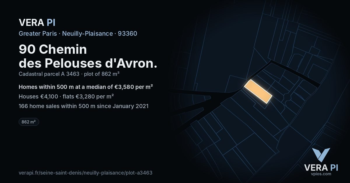 90 Chemin des Pelouses d'Avron, Neuilly-Plaisance at night – the plot lit, the parcels around coloured by the prices near them