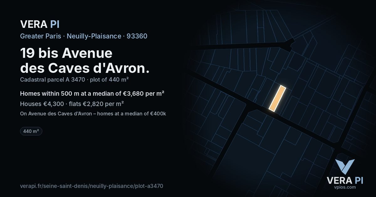 19 bis Avenue des Caves d'Avron, Neuilly-Plaisance at night – the plot lit, the parcels around coloured by the prices near them