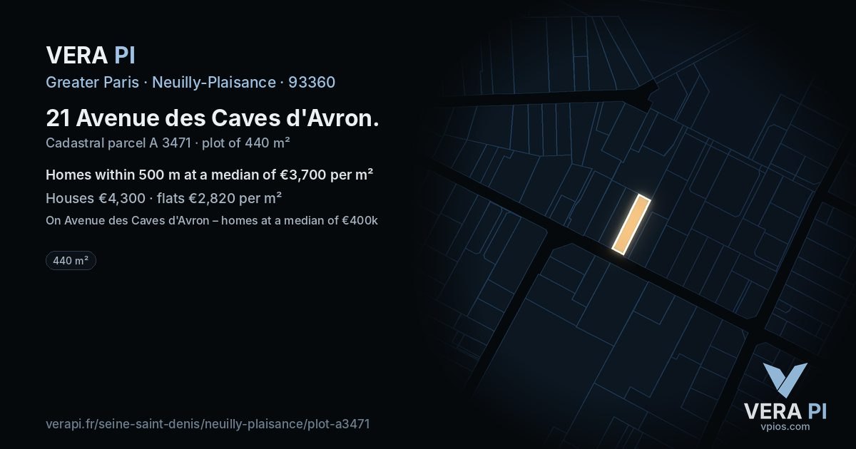 21 Avenue des Caves d'Avron, Neuilly-Plaisance at night – the plot lit, the parcels around coloured by the prices near them