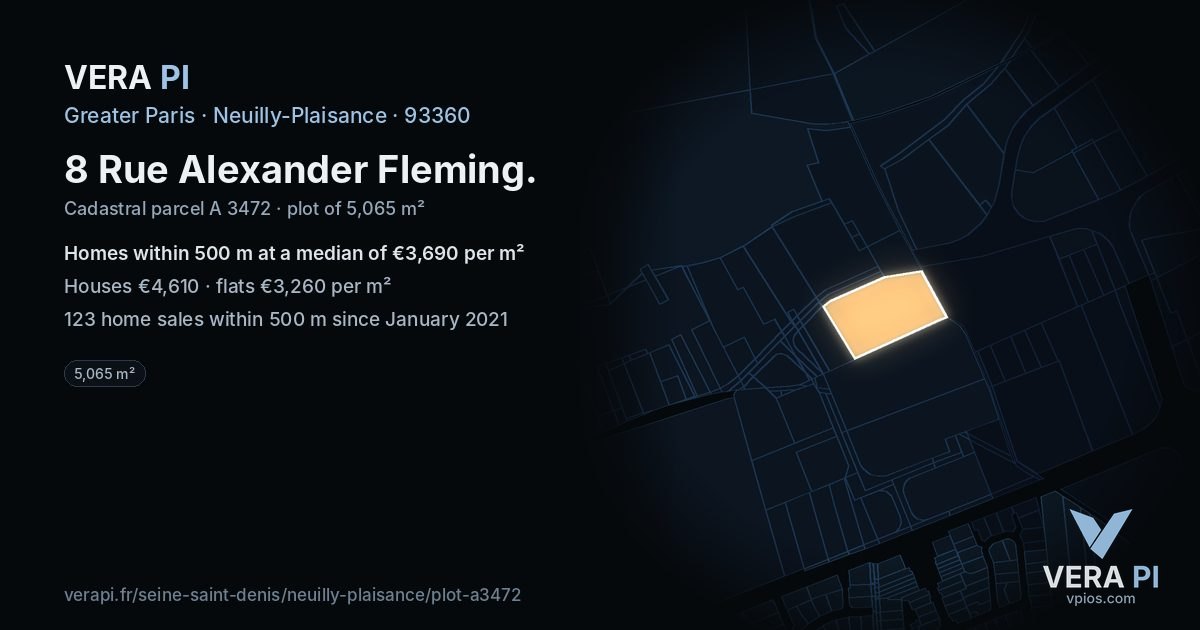 8 Rue Alexander Fleming, Neuilly-Plaisance at night – the plot lit, the parcels around coloured by the prices near them