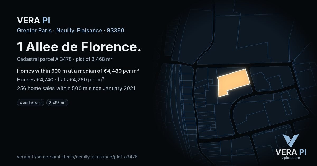 1 Allee de Florence, Neuilly-Plaisance at night – the plot lit, the parcels around coloured by the prices near them