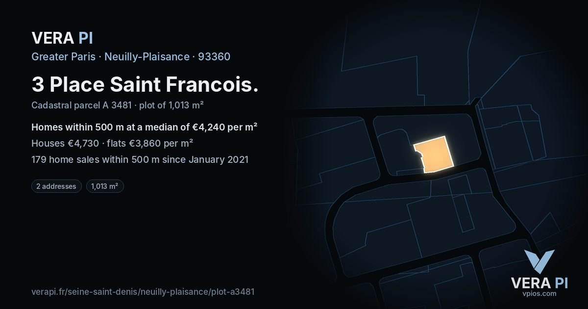 3 Place Saint Francois, Neuilly-Plaisance at night – the plot lit, the parcels around coloured by the prices near them