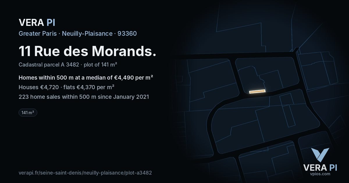 11 Rue des Morands, Neuilly-Plaisance at night – the plot lit, the parcels around coloured by the prices near them