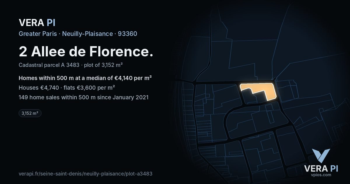 2 Allee de Florence, Neuilly-Plaisance at night – the plot lit, the parcels around coloured by the prices near them