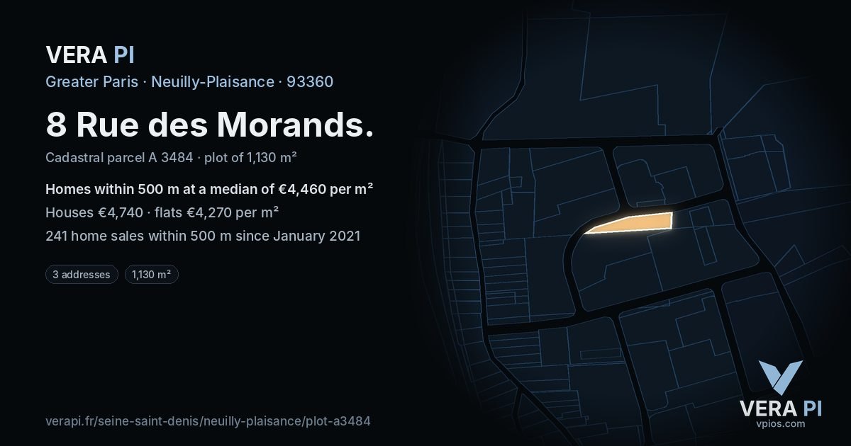 8 Rue des Morands, Neuilly-Plaisance at night – the plot lit, the parcels around coloured by the prices near them
