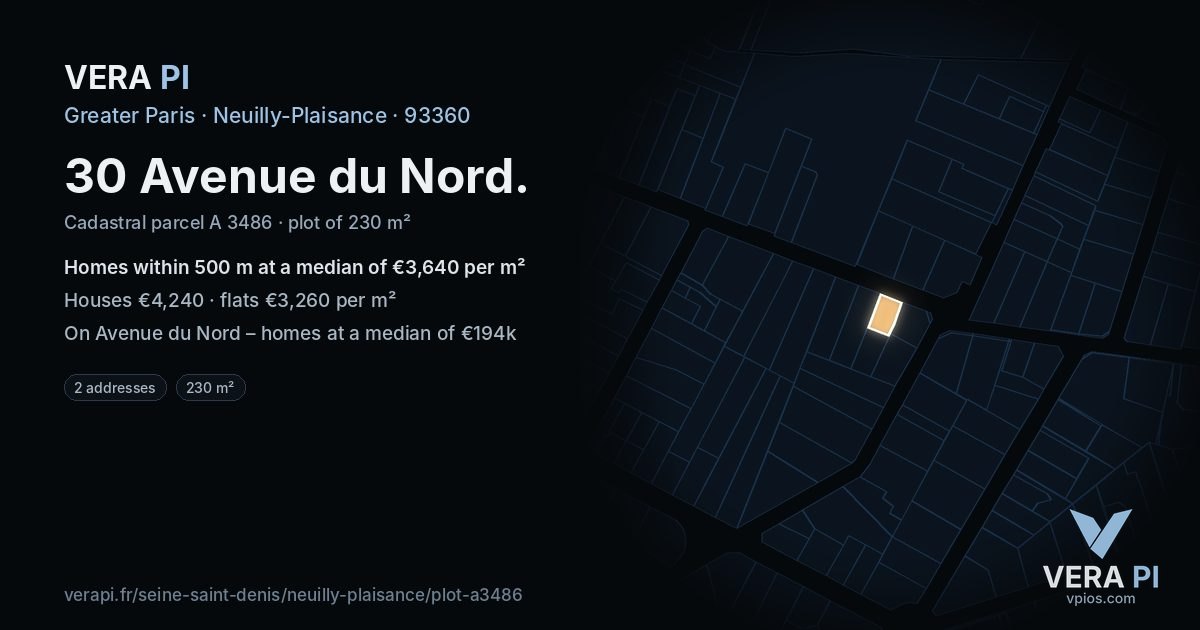 30 Avenue du Nord, Neuilly-Plaisance at night – the plot lit, the parcels around coloured by the prices near them