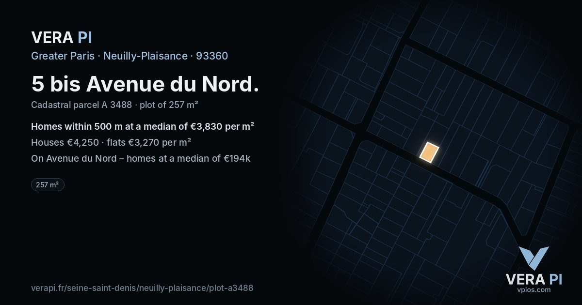5 bis Avenue du Nord, Neuilly-Plaisance at night – the plot lit, the parcels around coloured by the prices near them