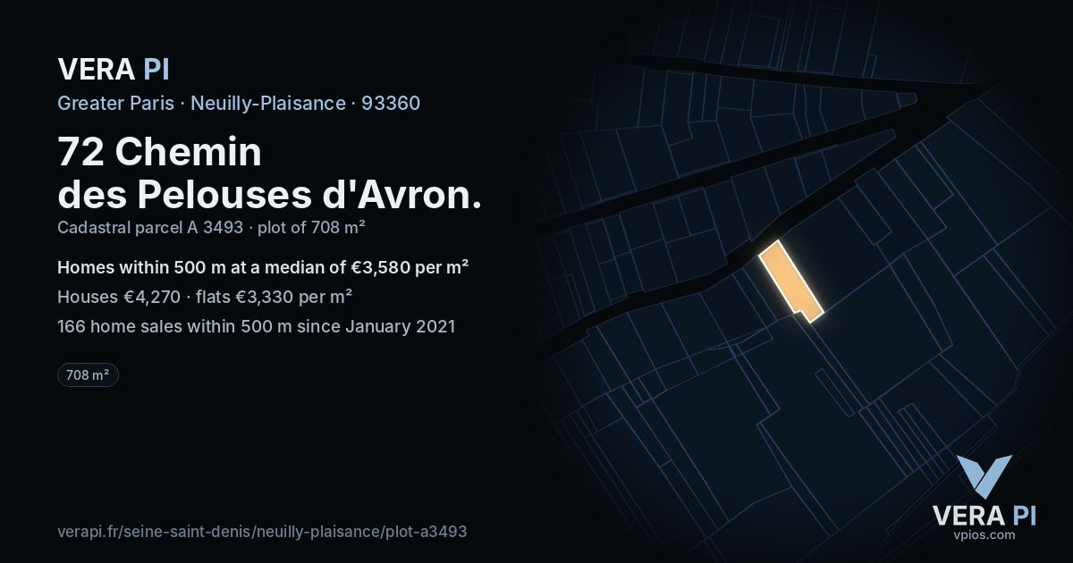 72 Chemin des Pelouses d'Avron, Neuilly-Plaisance at night – the plot lit, the parcels around coloured by the prices near them