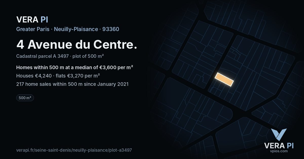 4 Avenue du Centre, Neuilly-Plaisance at night – the plot lit, the parcels around coloured by the prices near them