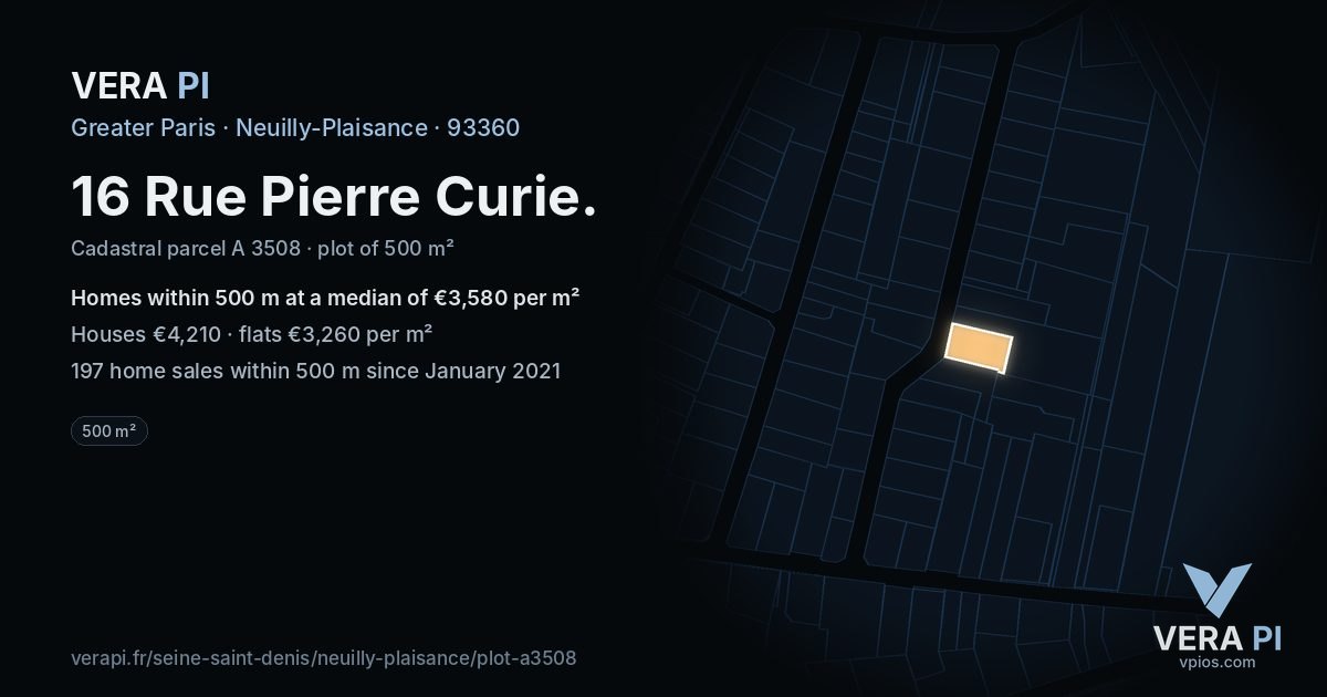 16 Rue Pierre Curie, Neuilly-Plaisance at night – the plot lit, the parcels around coloured by the prices near them