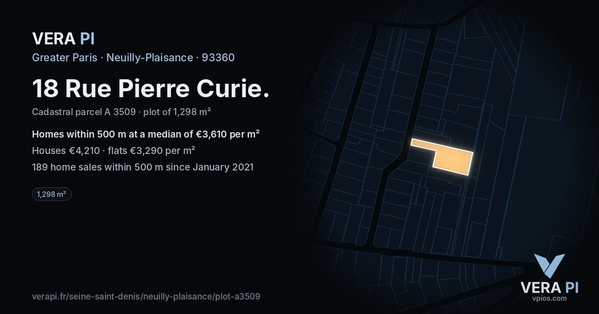 18 Rue Pierre Curie, Neuilly-Plaisance at night – the plot lit, the parcels around coloured by the prices near them