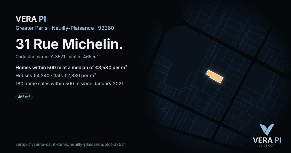 31 Rue Michelin, Neuilly-Plaisance at night – the plot lit, the parcels around coloured by the prices near them
