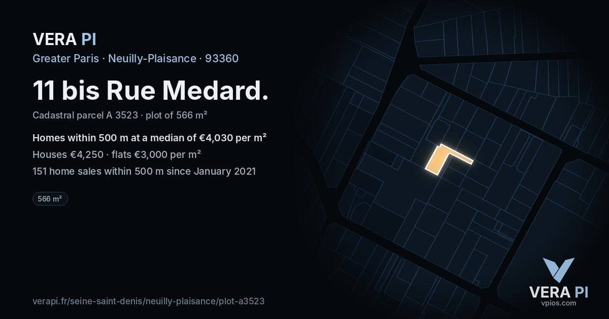 11 bis Rue Medard, Neuilly-Plaisance at night – the plot lit, the parcels around coloured by the prices near them