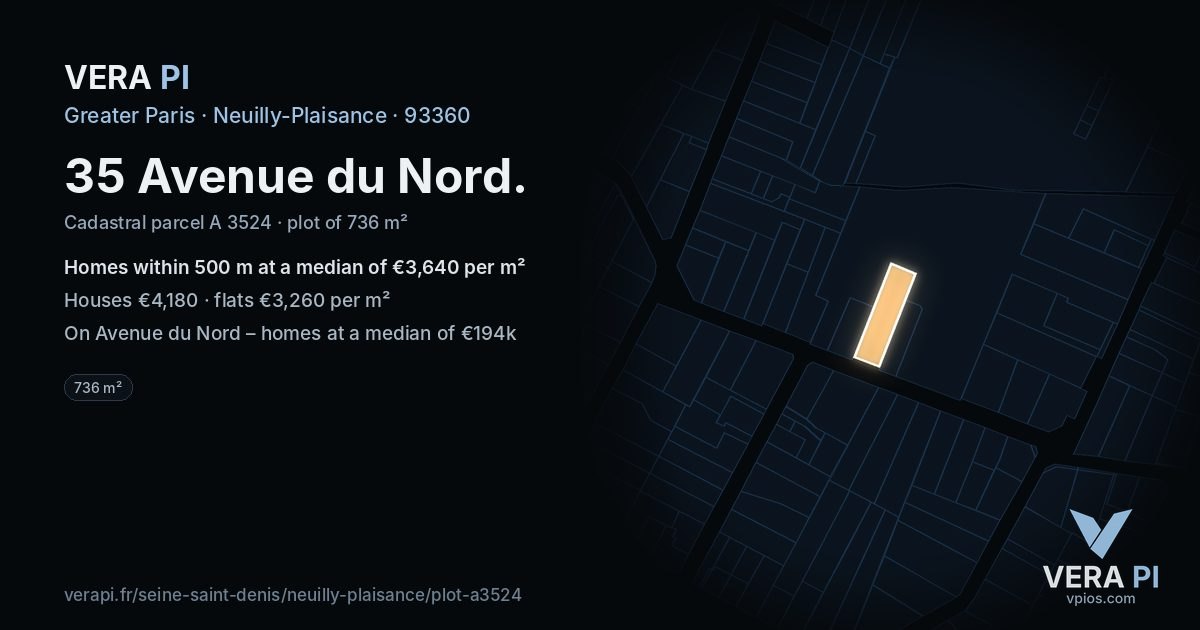 35 Avenue du Nord, Neuilly-Plaisance at night – the plot lit, the parcels around coloured by the prices near them