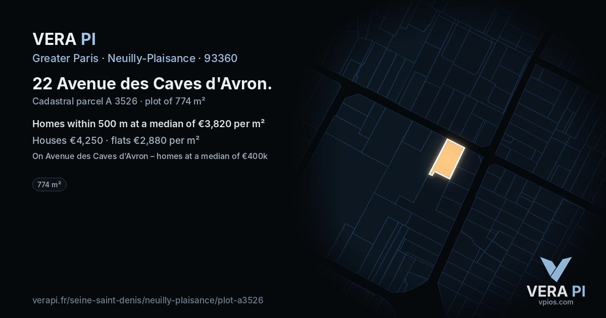 22 Avenue des Caves d'Avron, Neuilly-Plaisance at night – the plot lit, the parcels around coloured by the prices near them