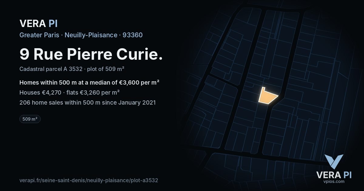 9 Rue Pierre Curie, Neuilly-Plaisance at night – the plot lit, the parcels around coloured by the prices near them