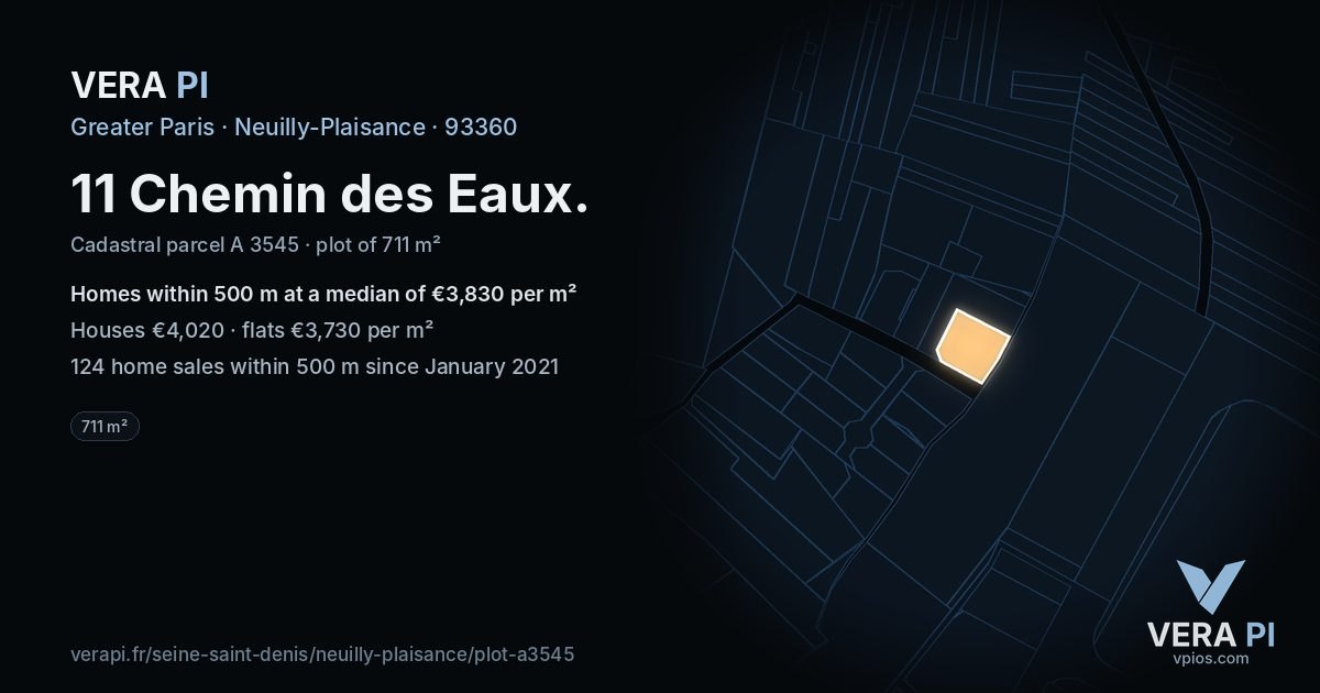 11 Chemin des Eaux, Neuilly-Plaisance at night – the plot lit, the parcels around coloured by the prices near them