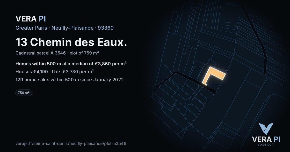 13 Chemin des Eaux, Neuilly-Plaisance at night – the plot lit, the parcels around coloured by the prices near them