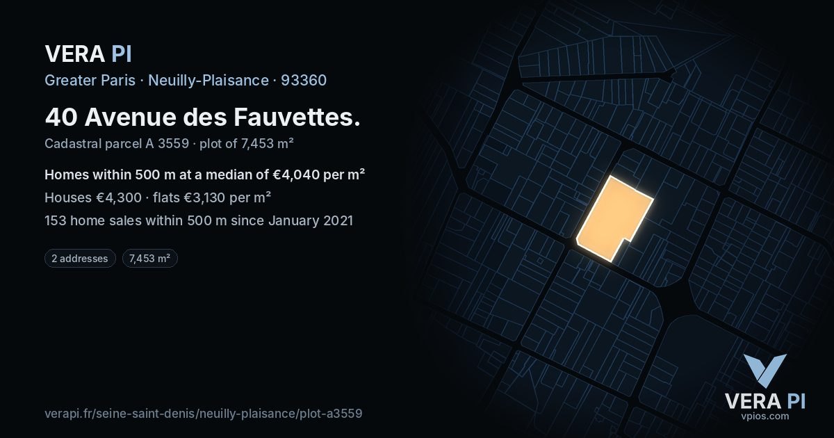 40 Avenue des Fauvettes, Neuilly-Plaisance at night – the plot lit, the parcels around coloured by the prices near them