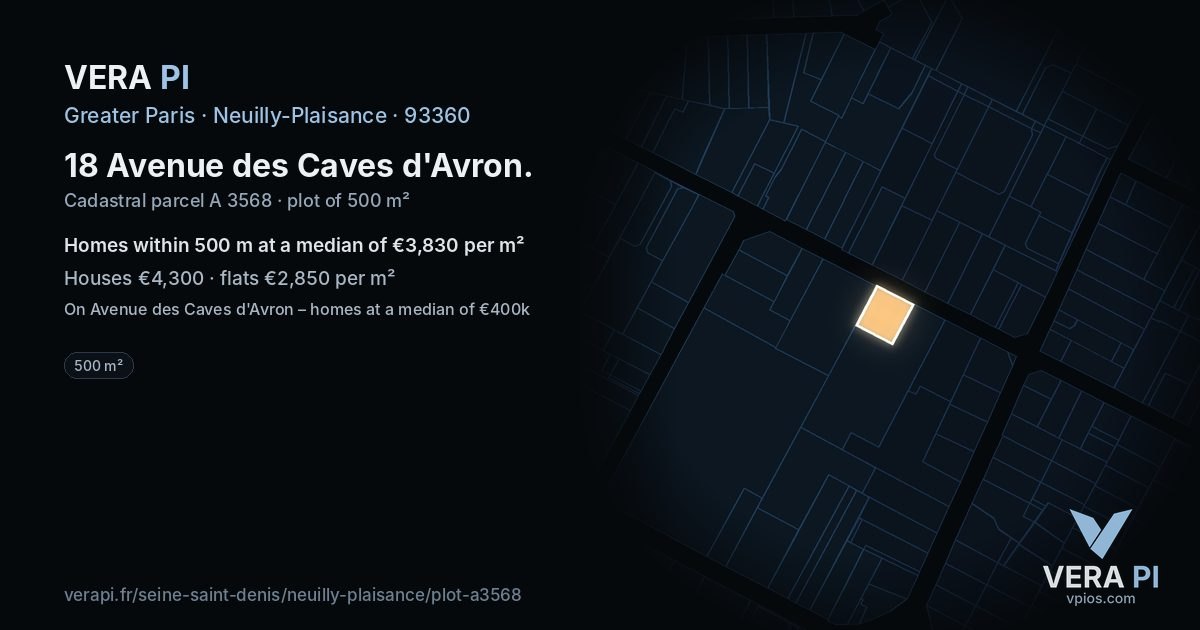 18 Avenue des Caves d'Avron, Neuilly-Plaisance at night – the plot lit, the parcels around coloured by the prices near them