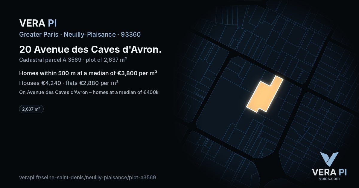 20 Avenue des Caves d'Avron, Neuilly-Plaisance at night – the plot lit, the parcels around coloured by the prices near them