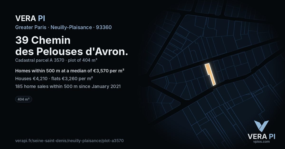 39 Chemin des Pelouses d'Avron, Neuilly-Plaisance at night – the plot lit, the parcels around coloured by the prices near them