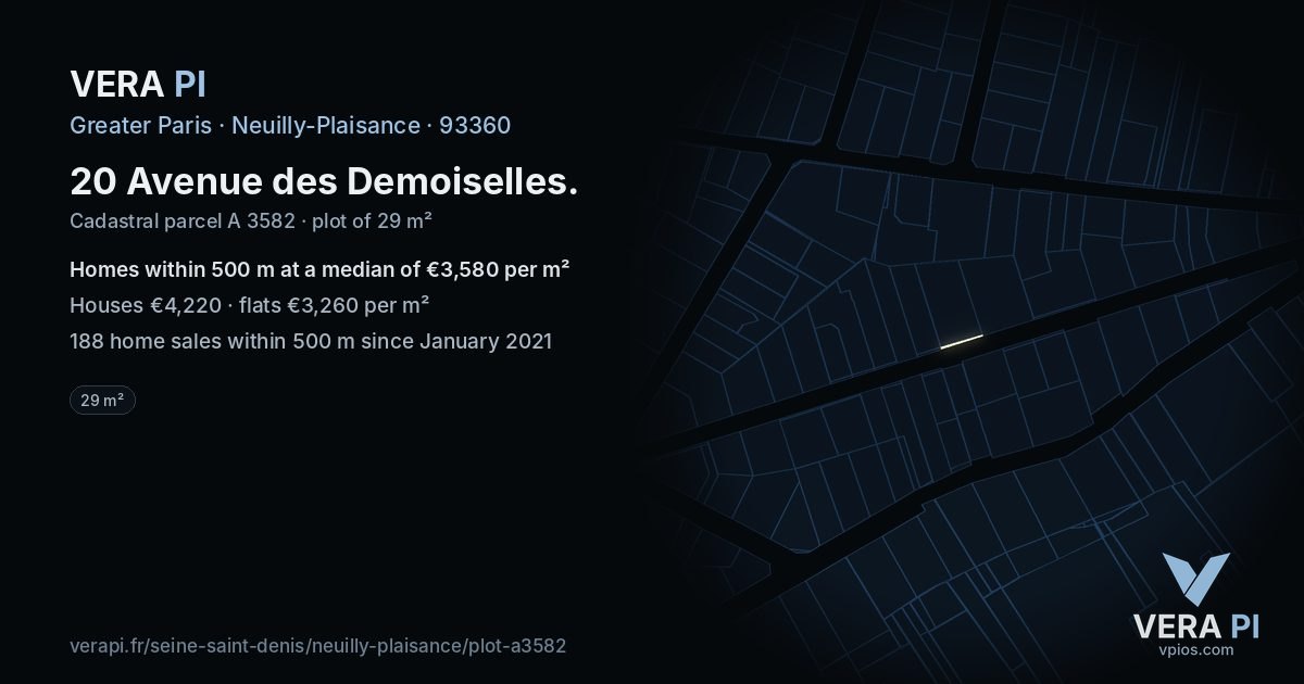 20 Avenue des Demoiselles, Neuilly-Plaisance at night – the plot lit, the parcels around coloured by the prices near them
