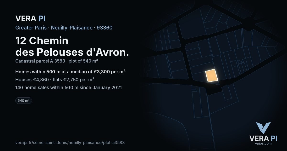 12 Chemin des Pelouses d'Avron, Neuilly-Plaisance at night – the plot lit, the parcels around coloured by the prices near them