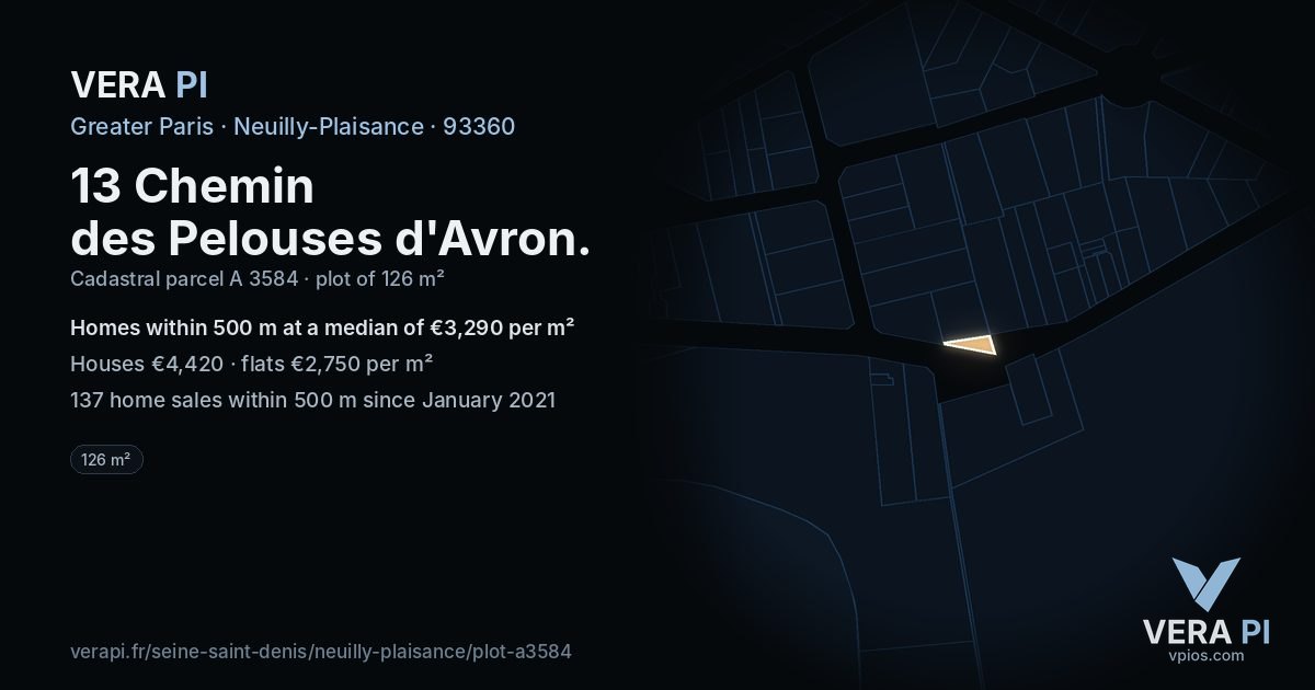 13 Chemin des Pelouses d'Avron, Neuilly-Plaisance at night – the plot lit, the parcels around coloured by the prices near them